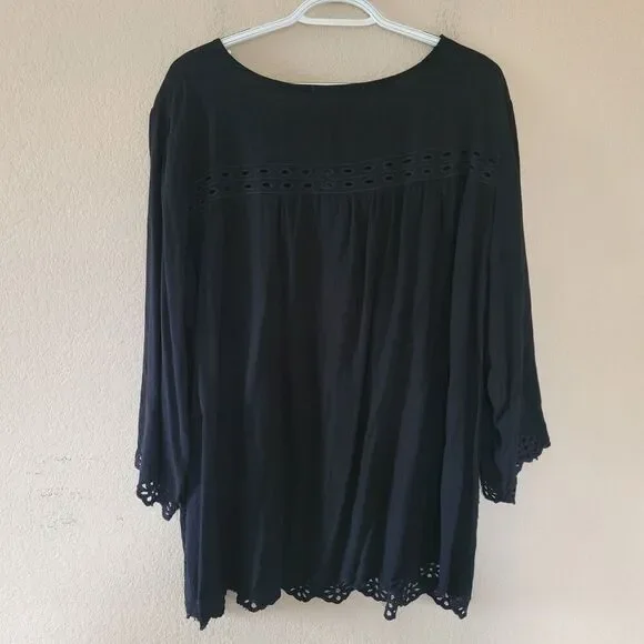 Solitaire Peasant Black Top Tunic Womens 3x Bohemian Kimono Sleeve Eyelet Boho - Picture 7 of 7